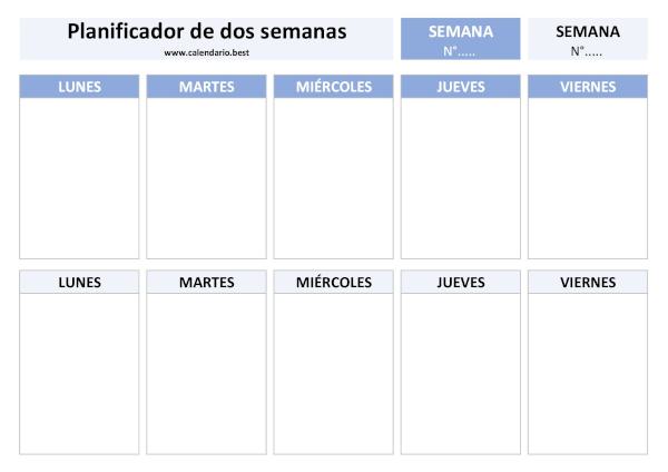 Planificador de dos semanas horizontal de lunes a viernes para imprimir