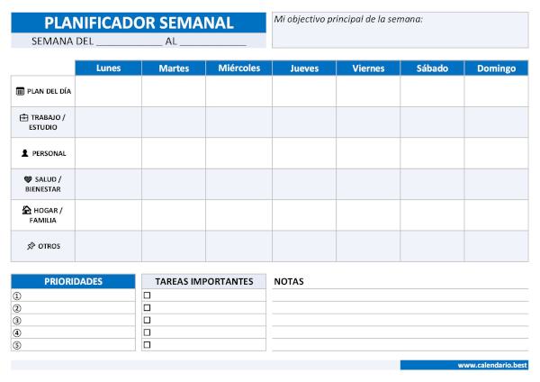 Planificador semanal completo con objetivos, prioridades, tareas y hábitos