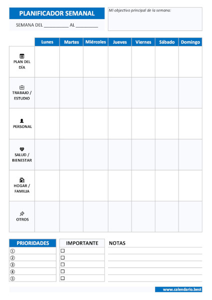 Planificador semanal completo vertical con objetivos, prioridades, tareas y hábitos