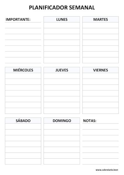Planificador semanal vertical con espacio para notas y tareas importantes