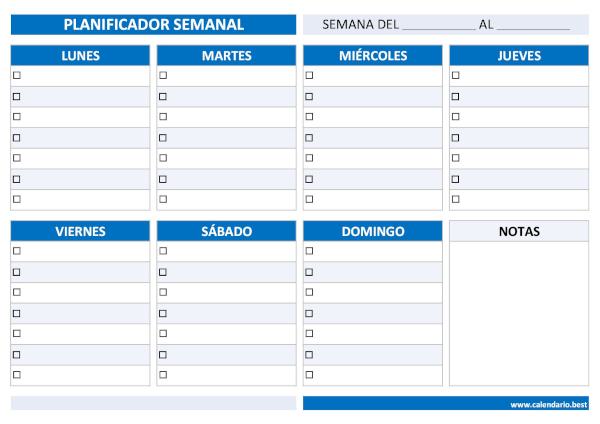 Planificador semanal con lista de tareas y casillas para marcar
