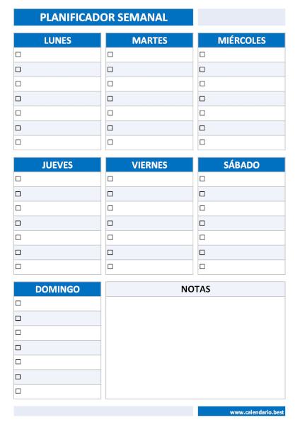 Planificador semanal vertical con lista de tareas y casillas para marcar