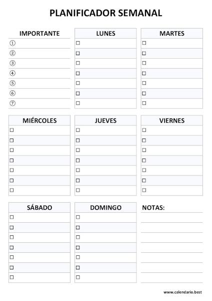 Planificador semanal vertical con lista de tareas en blanco y negro