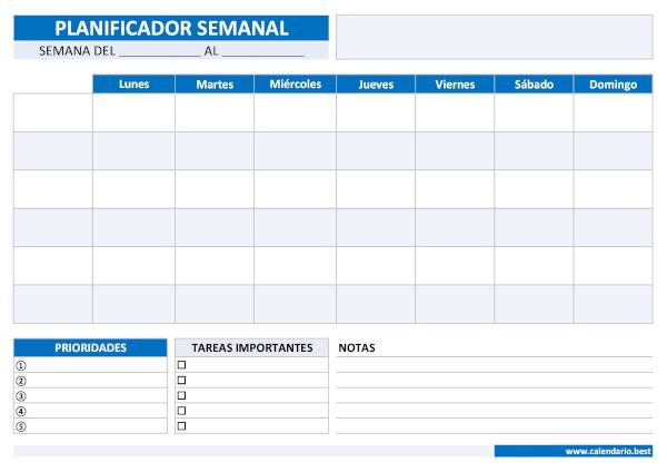 Planificador semanal personalizable con espacios en blanco