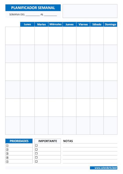 Planificador semanal personalizable vertical para imprimir con espacios en blanco