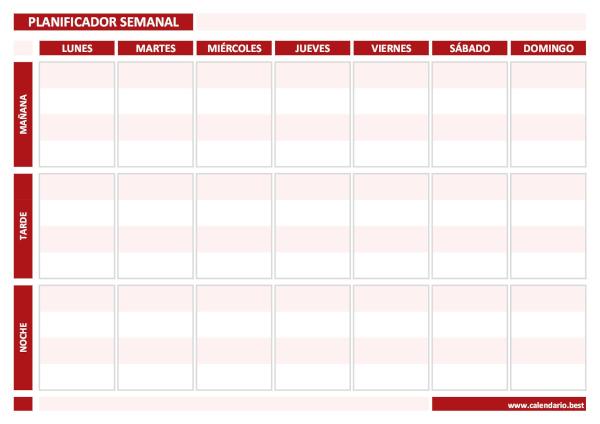 Planificador semanal en PDF para imprimir (diseño por bloques) - Versión Rojo