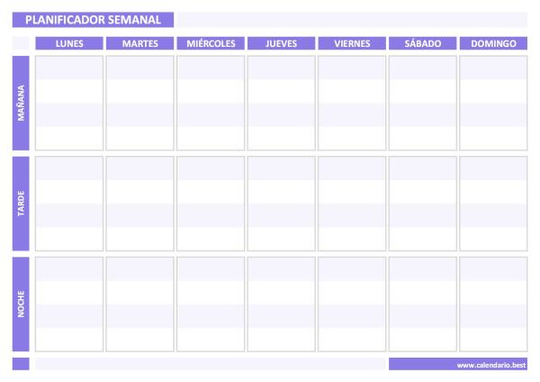 Planificador semanal en PDF para imprimir (diseño por bloques) - Versión Morado