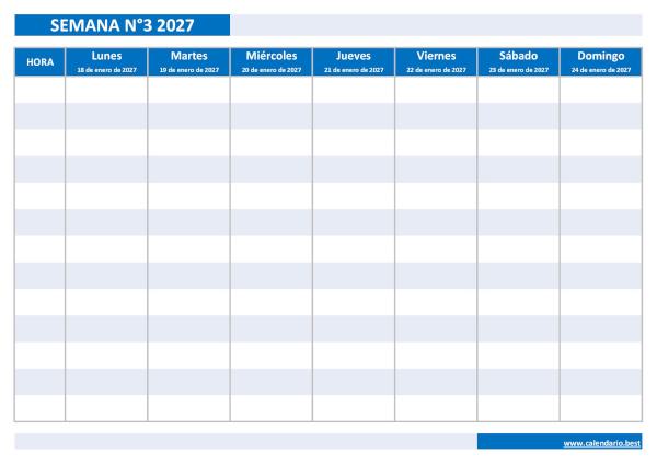 Calendario semanal enero 2027 para imprimir: semana 3 de 2027