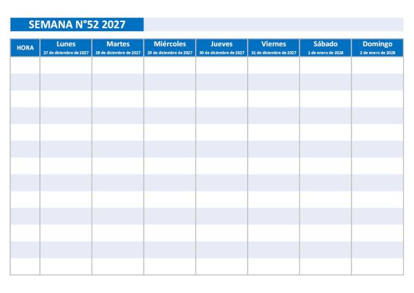 Calendario semanal diciembre 2027 para imprimir: semana 52 de 2027