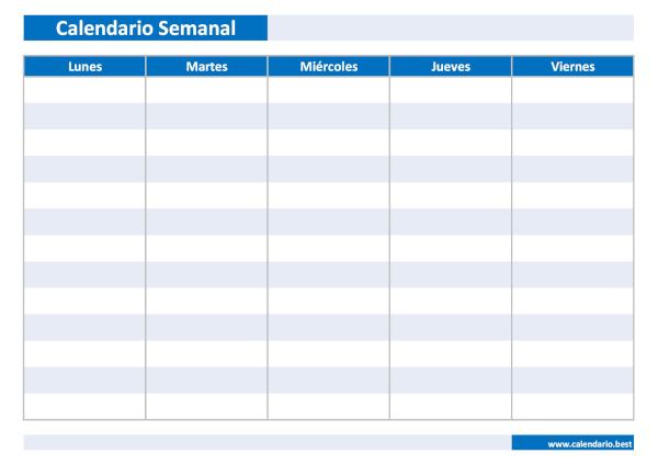 Calendario semanal de 5 días de lunes a viernes para rellenar
