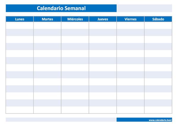 Calendario semanal de 6 días de lunes a sábado para rellenar