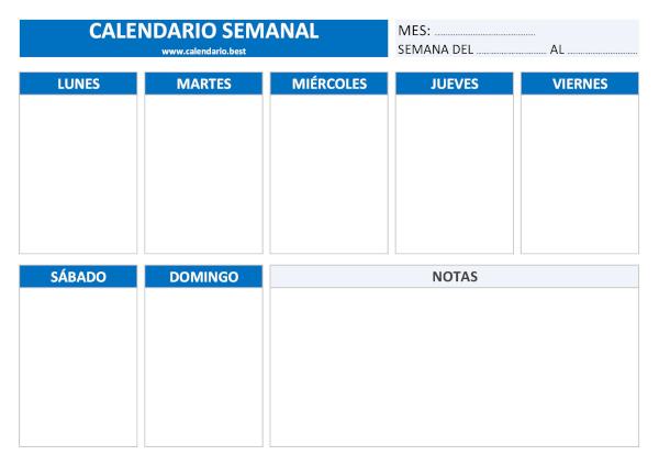 Calendario semanal de 7 días con notas en formato horizontal para rellenar a mano