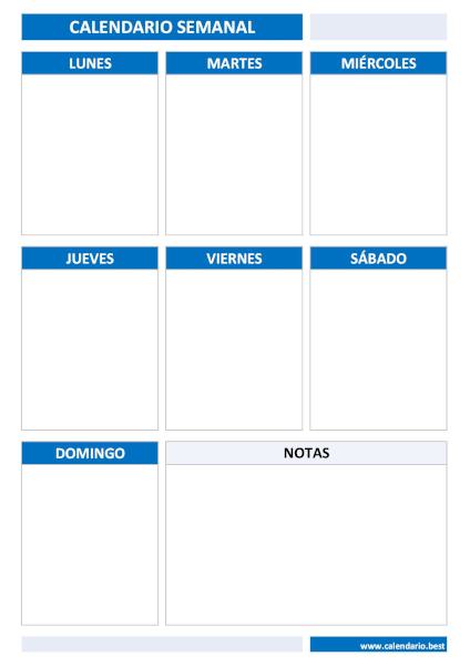 Calendario semanal de 7 días con notas en formato vertical para rellenar a mano