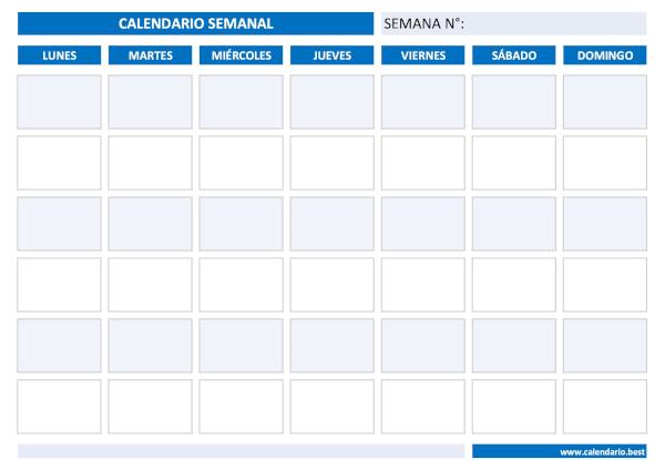 Calendario semanal con casillas de lunes a domingo, 7 días, en formato horizontal