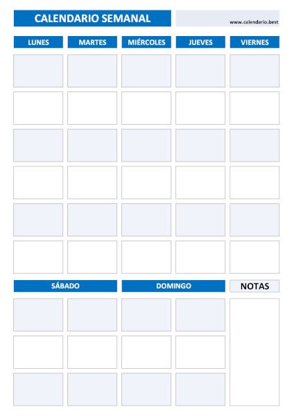 Calendario semanal con casillas de lunes a domingo, 7 días, en formato vertical