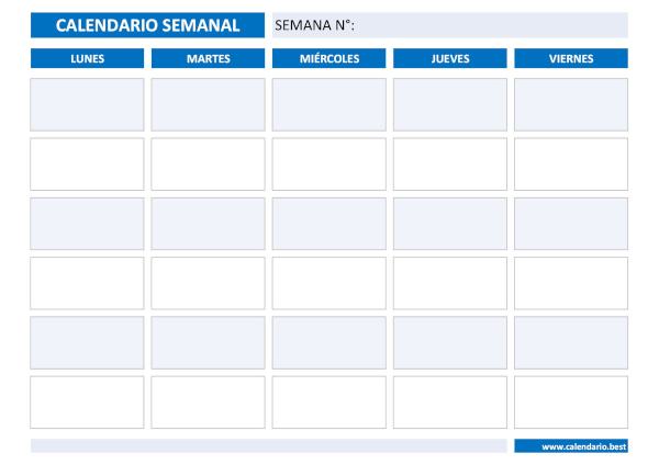Calendario semanal con casillas de lunes a viernes, 5 días, en formato horizontal