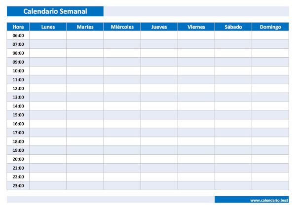 Calendario semanal con horas de lunes a domingo para imprimir