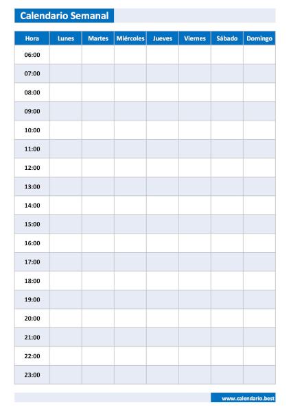 Calendario semanal con horas de lunes a domingo, 7 días, en formato vertical