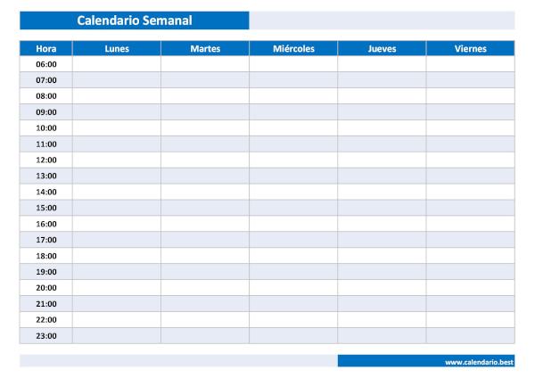 Calendario semanal con horas de lunes a viernes, 5 días, en formato horizontal