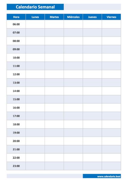 Calendario semanal con horas de lunes a viernes, 5 días, en formato vertical