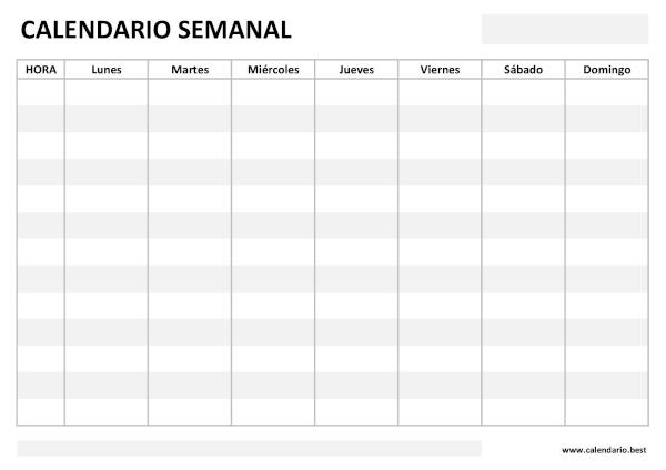 Calendario semanal con horas para rellenar de lunes a domingo, 7 días, en formato horizontal
