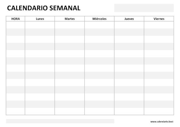 Calendario semanal con horas para rellenar de lunes a viernes, 5 días, en formato horizontal