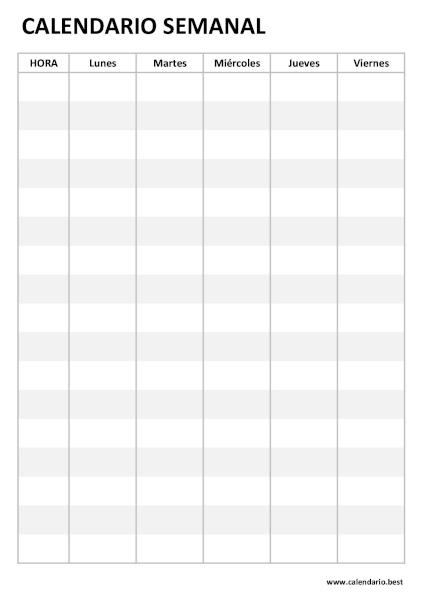 Calendario semanal con horas para rellenar de lunes a viernes, 5 días, en formato vertical