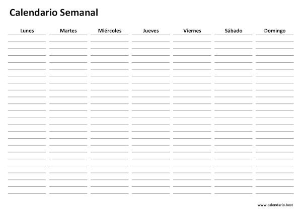 Calendario semanal con líneas de lunes a domingo para imprimir