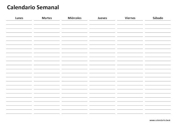 Calendario semanal con líneas de lunes a sábado, 6 días, para rellenar a mano