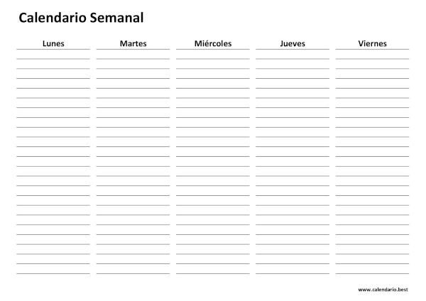 Calendario semanal con líneas de lunes a viernes, 5 días, para rellenar a mano
