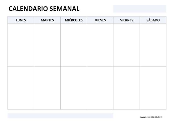 Calendario semanal en blanco de lunes a sábado para rellenar a mano