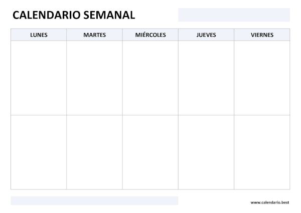 Calendario semanal en blanco de lunes a viernes para rellenar a mano