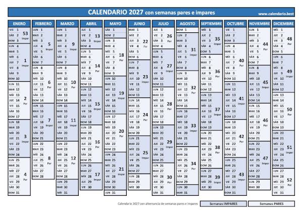 Calendario 2027 con semanas pares e impares, plantilla azul para imprimir (PDF y JPG)