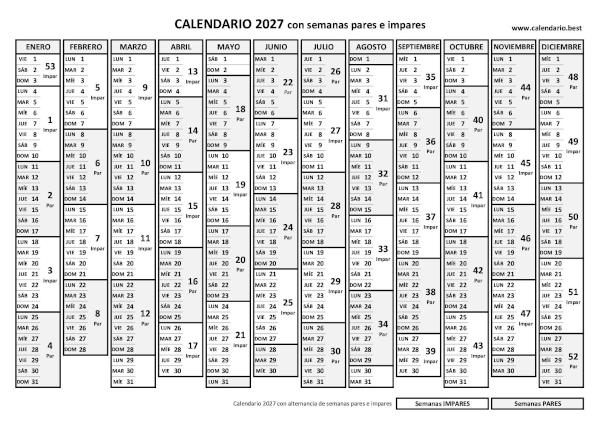 Calendario 2027 con semanas pares e impares en blanco y negro, plantilla básica (PDF y JPG)