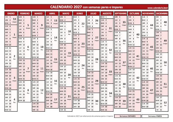 Calendario 2027 para imprimir con semanas pares e impares