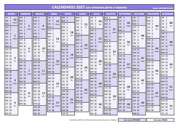Calendario 2027 con semanas pares e impares, diseño violeta elegante (PDF y JPG)