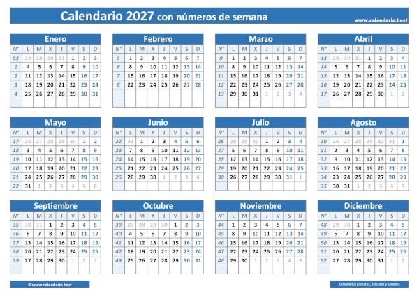 Calendario semana 2027 para imprimir con números - Diseño Azul