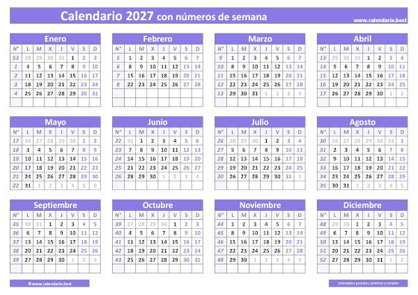 Calendario semana 2027 para imprimir con números - Diseño Morado