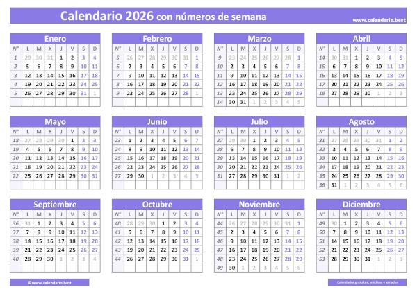 Calendario semana 2026 para imprimir con números - Diseño Morado