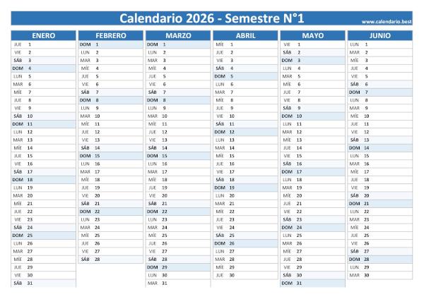 Calendario semestral 2026, 6 meses por página