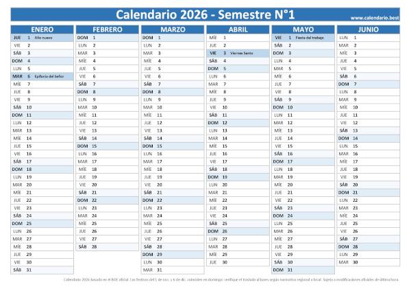 Calendario del primer semestre 2026 laboral azul