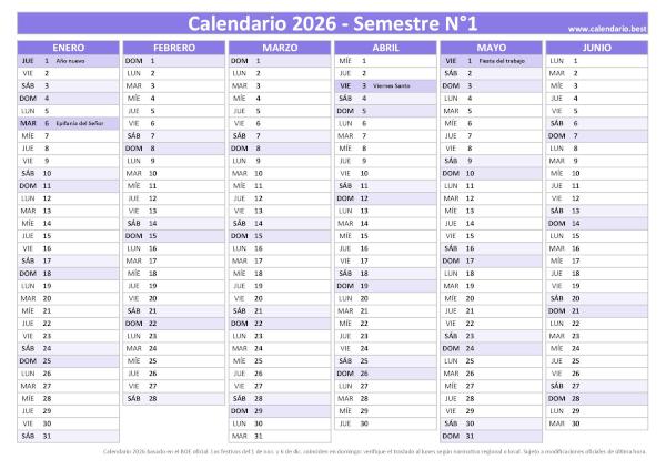 Calendario laboral del primer semestre de 2026, diseño morado con festivos
