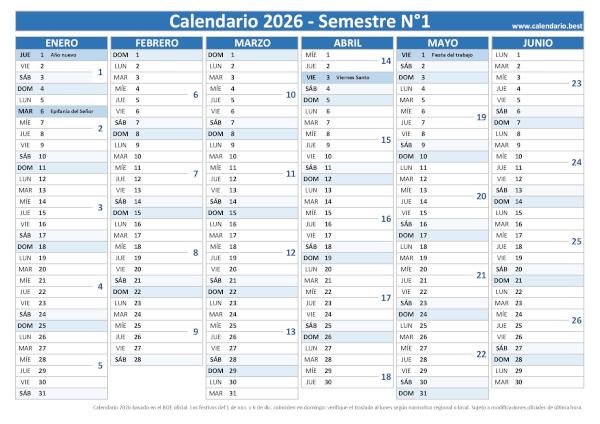 Calendario semestral 2026 con números de semana (ISO 8601) para imprimir