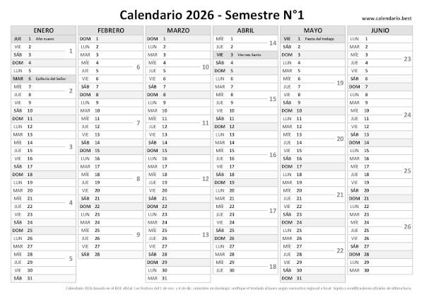 Calendario del primer semestre de 2026 con semanas, diseño en blanco y negro para imprimir
