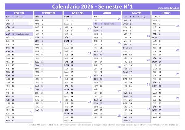 Calendario del primer semestre de 2026 con semanas, diseño morado elegante