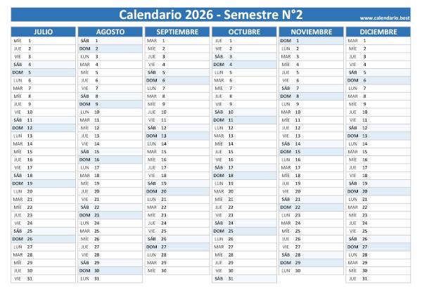 Calendario semestral 2026 para imprimir