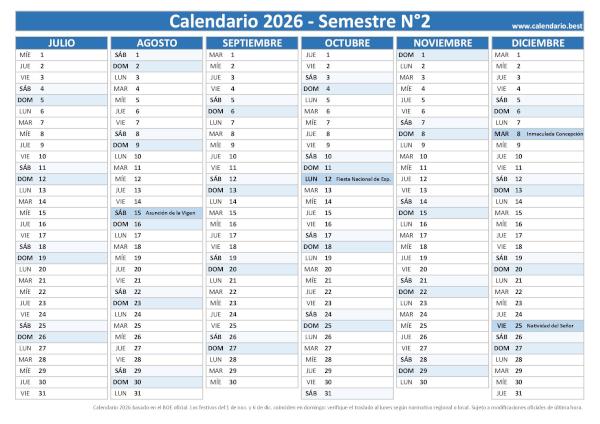 Calendario del segundo semestre 2026 laboral azul con festivos de verano y navidad