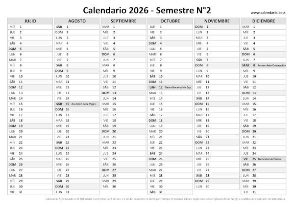 Segundo semestre 2026 laboral blanco y negro para imprimir