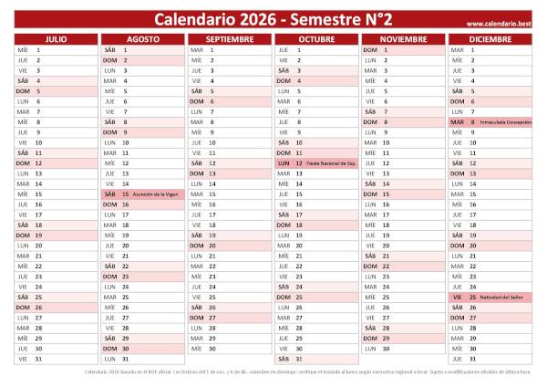 Plantilla semestral 2026 laboral rojo de julio a diciembre