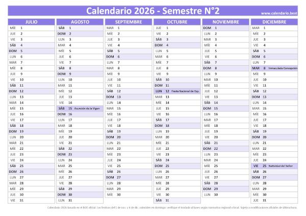 Calendario segundo semestre laboral 2026 morado en formato PDF